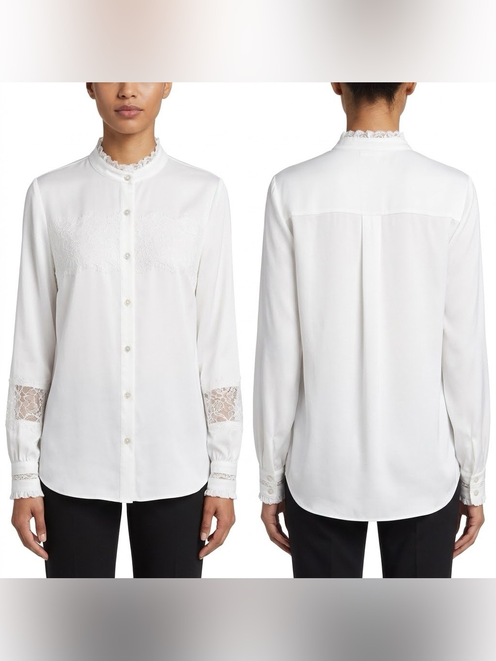 Elie Tahari White Lace-Trim Button Down Shirt